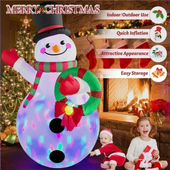 8FT Christmas Inflatables Outdoor Decor, Snowman Holding Garland Blow Up